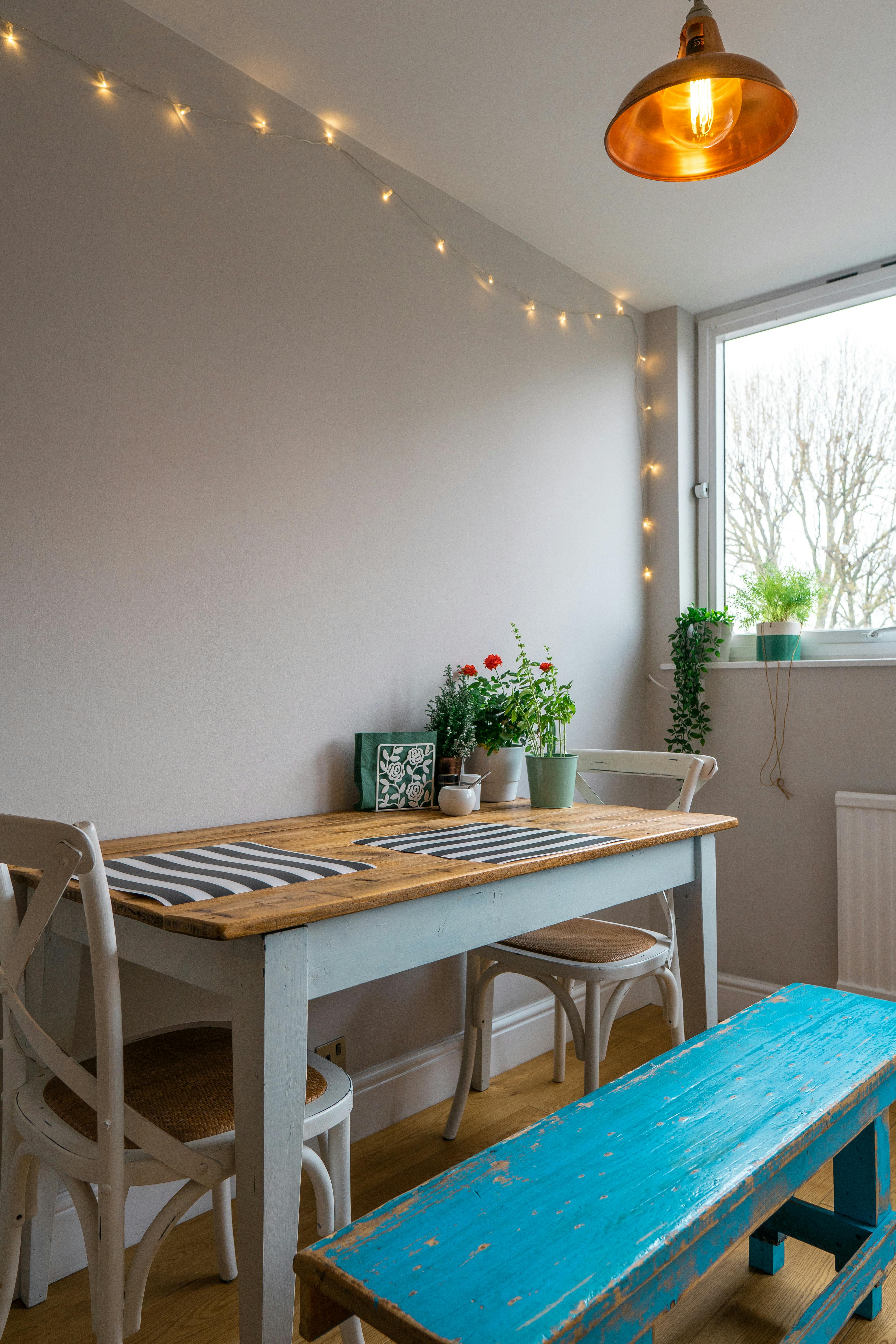 A bright and rustic dining room featuring wooden furniture, indoor plants, and warm lighting.